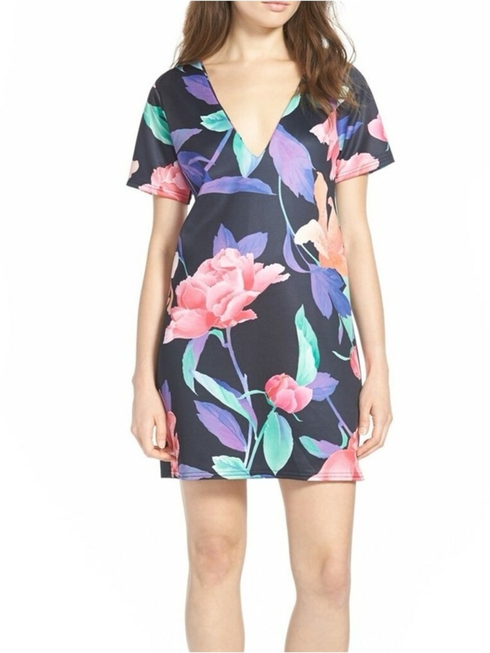 Missguided V-Neck Short Sleeve Shift Dress in Black Multi Floral